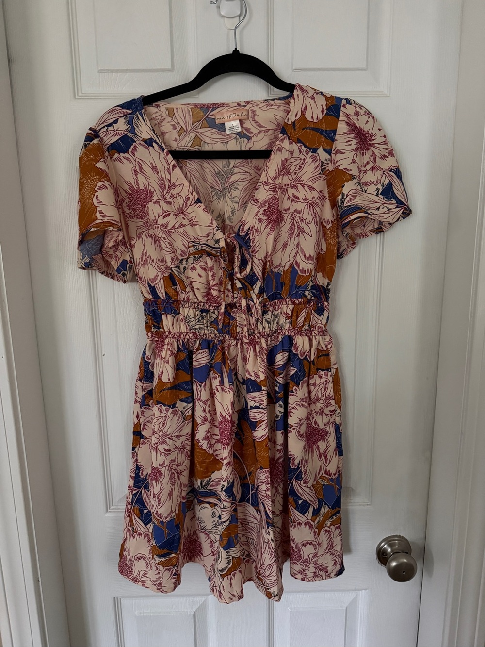 Marshalls Floral V-Neck Mini Dress in Blush Pink, Navy & Mustard